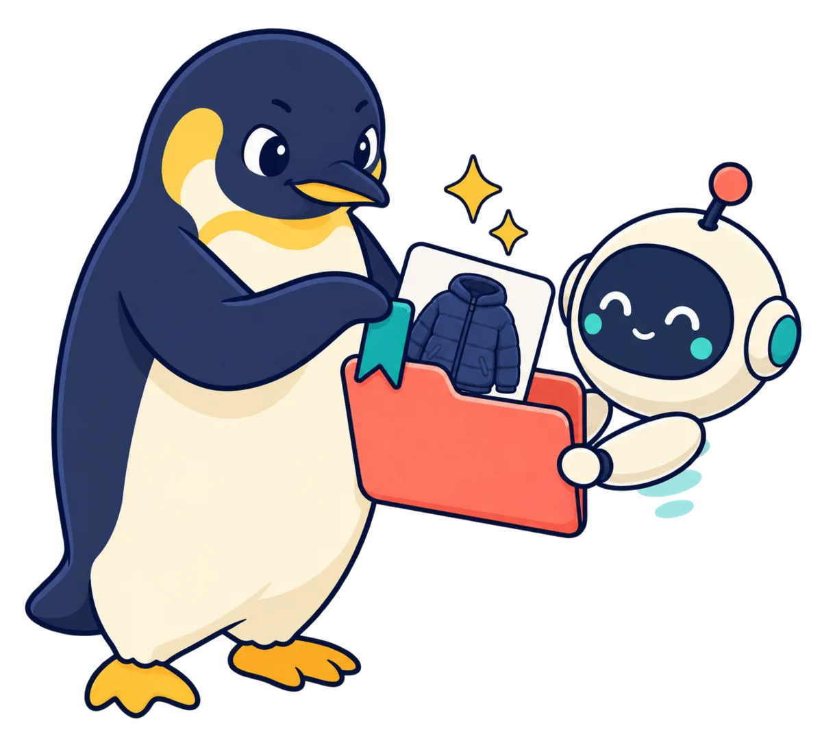 選んだジャケットを検討リストへ保存するペンギンとAIロボット