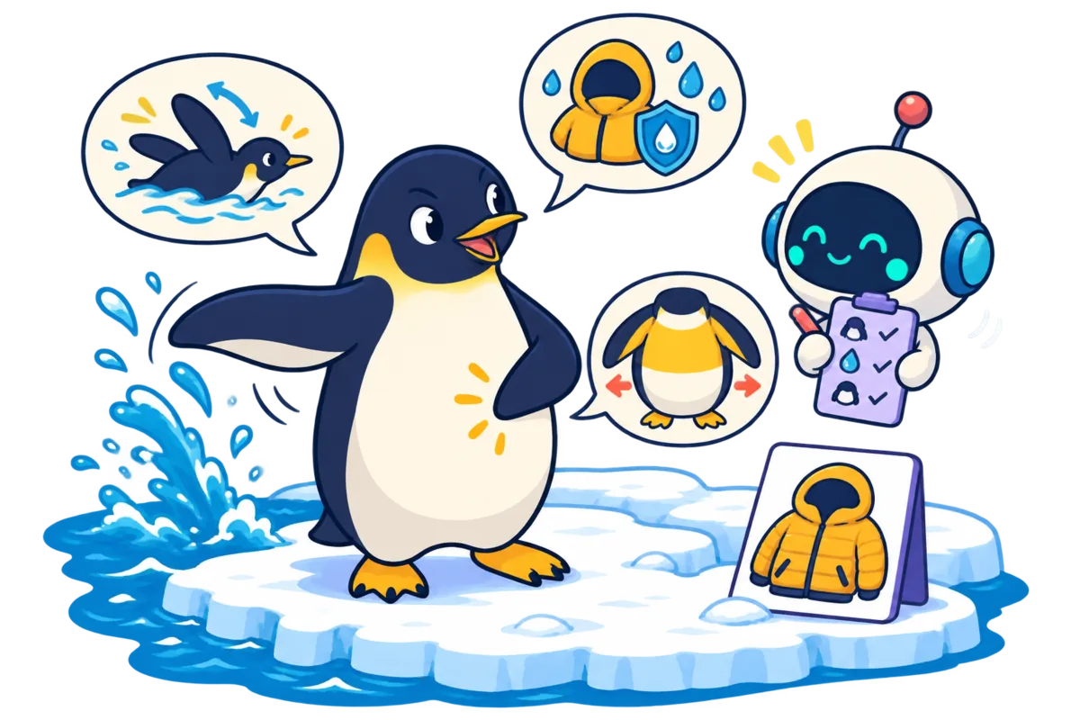 水に強いことや体に合うサイズなど、追加の希望をAIへ伝えるペンギン