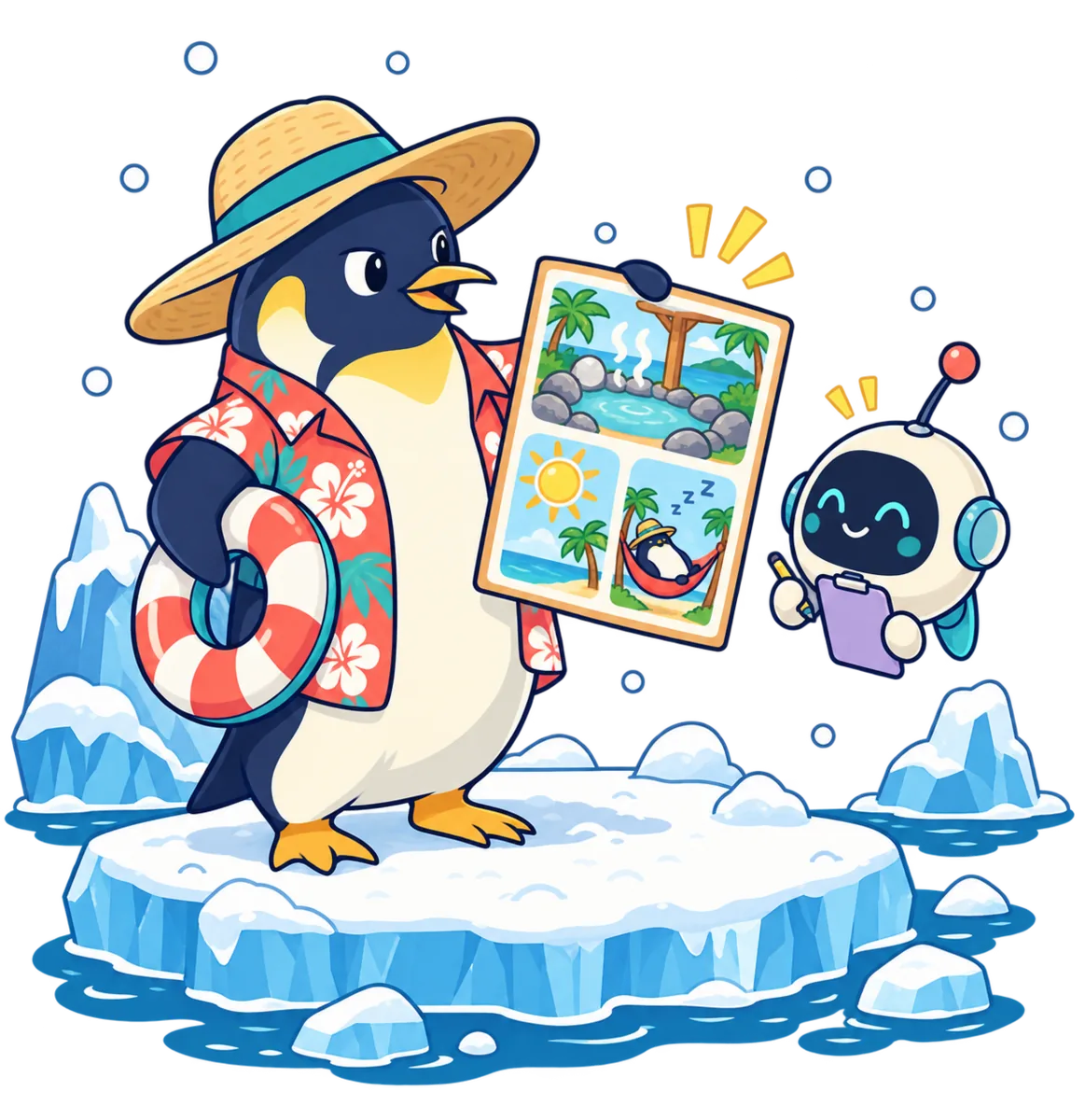 暖かい場所で温泉や海を楽しむ旅行についてAIに相談するペンギン